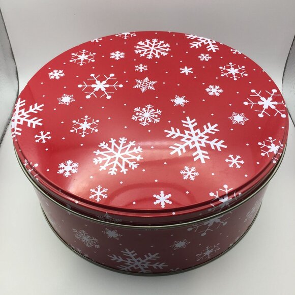 Santa's Workbench 8" Medium Round Canister Christmas Holiday Red White Snowflake - Picture 2 of 10